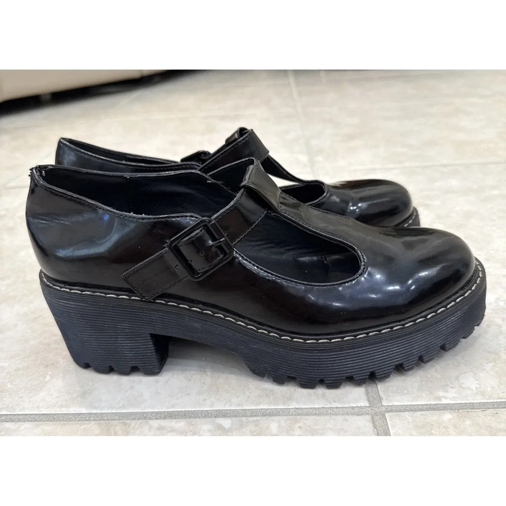 Steve MADDEN NYC Lug Sole Chunky Mary Jane‎ Black Y2K Goth Sz 9.5 Faux Patent